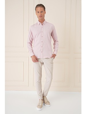 Efor Erkek Slim Fit Düğmeli Yaka %100 Pamuk Pudra Gömlek Gk 723