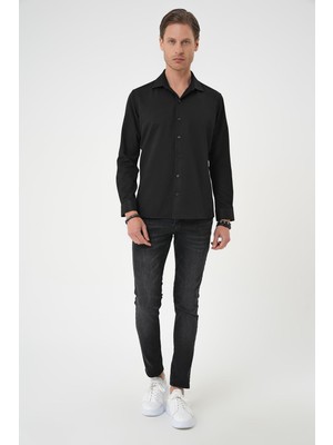 Efor Erkek Slim Fit Dokulu Erkek Yaka Pamuklulu Klasik Siyah Gömlek Gk 740
