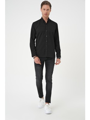 Efor Erkek Slim Fit Dokulu Düğmeli Yaka Pamuklulu Klasik Siyah Gömlek Gk 739