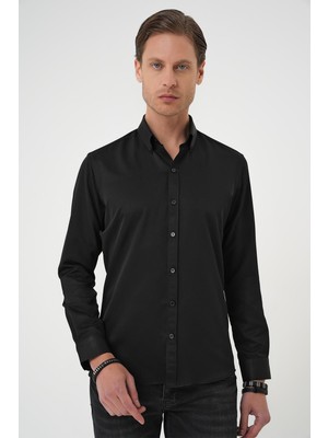 Efor Erkek Slim Fit Düğmeli Yaka Pamuklulu Klasik Siyah Gömlek Gk 736