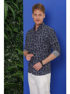 Efor Erkek Slim Fit %100 Pamuk Damla Desenli Yaka Düğmeli Siyah Gömlek G 1539