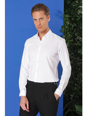 Efor Erkek Slim Fit Düğmeli Yaka Pamuklulu Klasik Beyaz Gömlek Gk 714