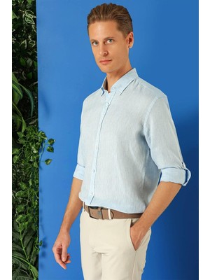 Efor Erkek Comfort Fit Düğmeli Yaka %100 Keten Apoletli Casual Mavi Gömlek G 1564