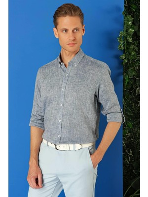 Efor Erkek Comfort Fit Düğmeli Yaka %100 Keten Apoletli Casual Lacivert Gömlek G 1564