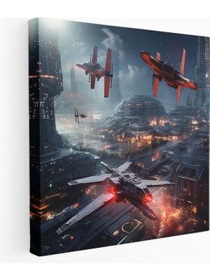 Popcas Star Wars Kanvas Tablo - Gelecek Savaş Kent Manzaralı - Bilim Kurgu ve Tie Fighters Ilhamlı