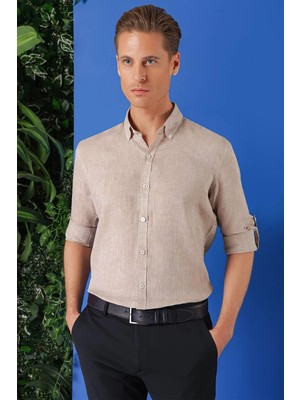 Efor Erkek Comfort Fit Düğmeli Yaka %100 Keten Apoletli Casual Bej Gömlek G 1564