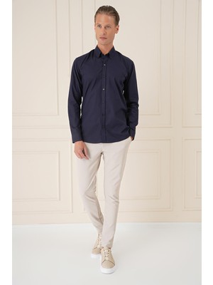 Efor Erkek Slim Fit Düğmeli Yaka Dokulu %100 Pamuk Lacivert Gömlek Gk 726