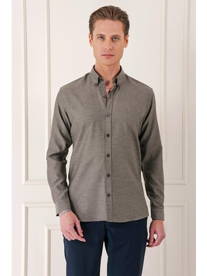 Efor Erkek Slim Fit Düğmeli Yaka Dokulu %100 Pamuklu Klasik Kahverengi Gömlek Gk 724