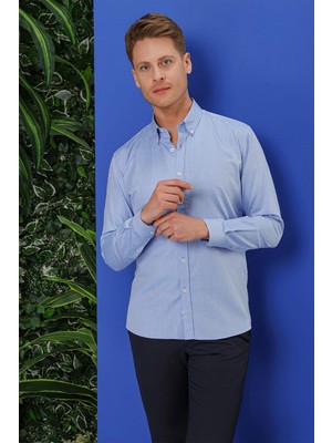 Efor Erkek Slim Fit %100 Pamuk Doku Desenli Mavi Gömlek GK 678