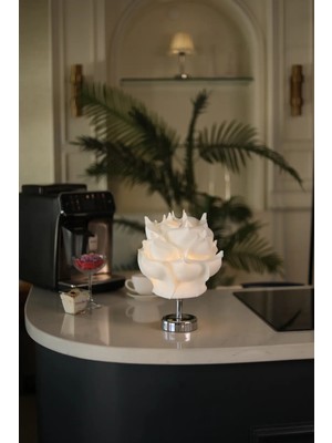 Beyaz Eva Gül Tasarım Şarjlı Masa Lambası - Alt Uzun Gümüş