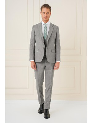 Efor Slim Fit Çift Yırtmaç Kırçıllı Dokuma Haki Yelekli Takım Elbise TK 902