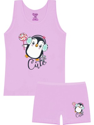 Öts Kız Çocuk Atlet Boxer Likralı Lila Penguen (%96 Pamuk - %4 Elastan)
