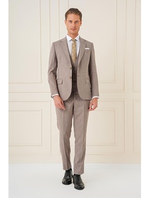Efor Erkek Slim Fit Çift Yırtmaç Kırçıllı Dokuma Vizon Yelekli Takım Elbise TK 902