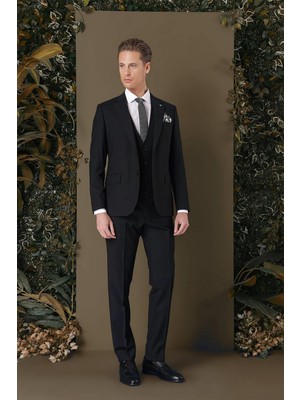 Efor Slim Fit %94 Yün Esnek Pötikare Desenli Siyah Yelekli Takım Elbise TK 887