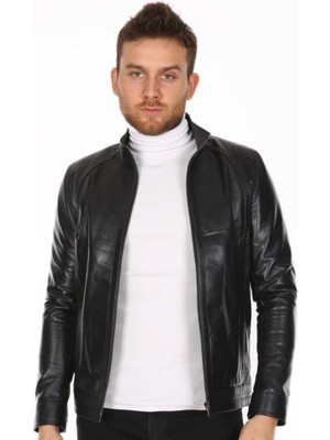 Hakiki Deri Siyah Spor Fermuarlı Dik Yaka Erkek Deri Ceket