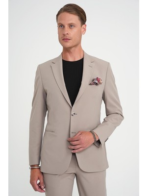 Efor Erkek Slim Fit Mono Yaka Fleto Cepli Çift Yırtmaçlı Esnek Pamuklu Vizon Ceket C 710