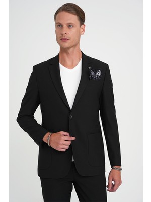 Efor Erkek Slim Fit Torba Cep Esnek Pamuk Düz Siyah Blazer Ceket C 712