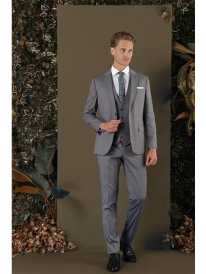Efor Slim Fit Mono Yaka Doku Desenli Füme Yelekli Takım Elbise TK 877
