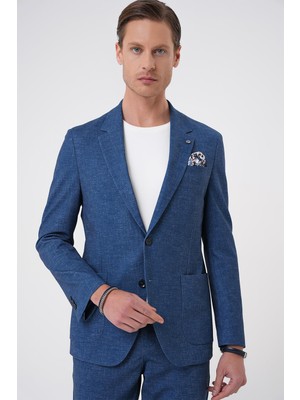Comfort Fit Mono Yaka Çift Yırtmaç Torba Cep Casual Gece Mavisi Ceket C 701