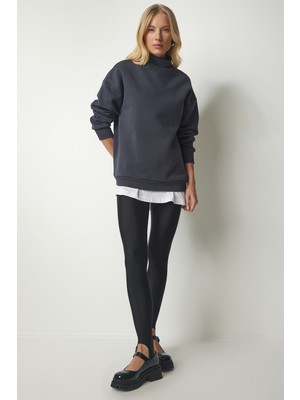 Dik Yaka Basic Şardonlu Sweatshirt LUB0039 Antrasit