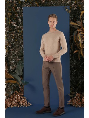 Efor Slim Fit Ribanalı Düz Bej Yünlü Bisiklet Yaka Triko Kazak TR 858