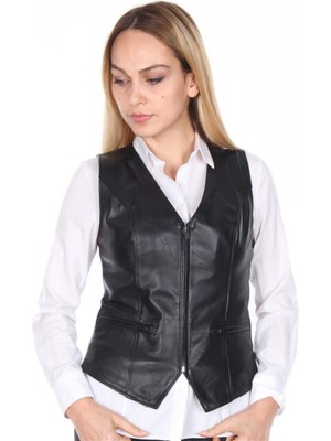 Hakiki Deri Siyah Spor Fermuarlı Kadın Deri Yelek