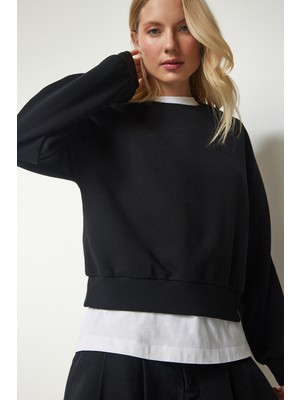Şardonlu Crop Sweatshirt LUB0061 Siyah