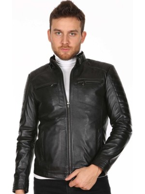Hakiki Deri Siyah Spor Hakim Yaka Erkek Deri Ceket