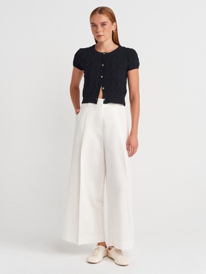 72155 Pilili Geniş Paça Pantolon-Beyaz