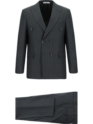 Regular Fit Yünlü Çizgili Kruvaze Takım Elbise