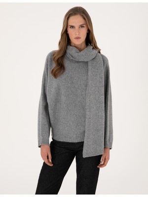 Pierre Cardin Kadın Gri Melanj Yün Karışımlı Şal Detaylı Oversize Kazak 50311855-VR086
