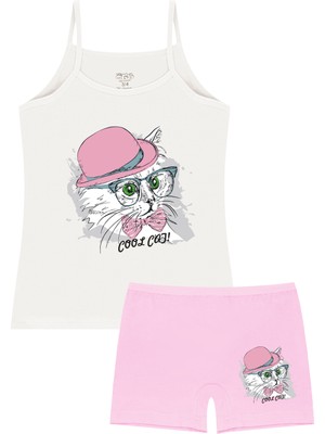 Öts Kız Çocuk Atlet Boxer Likralı Ekru Kedi (%96 Pamuk - %4 Elastan)