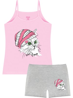 Öts Kız Çocuk Atlet Boxer Likralı Pembe Kedi (%96 Pamuk - %4 Elastan)