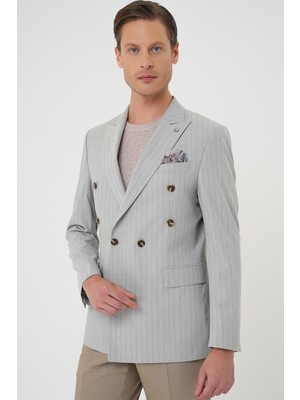 Efor Erkek Slim Fit Çift Yırtmaç Çizgili Esnek Yünlü Kruvaze Gri Ceket C 704
