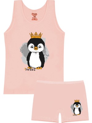 Öts Kız Çocuk Atlet Boxer Likralı Somon Penguen (%96 Pamuk - %4 Elastan)