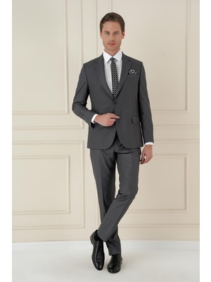 Slim Fit Çift Yırtmaç Mono Yaka Klasik Füme Takım Elbise Tk 912