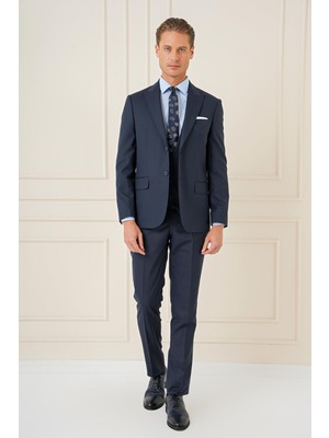 Efor Erkek Slim Fit Kırlangıç Yaka Çift Yırtmaçlı Yelekli Klasik Lacivert Takım Elbise Tk 895