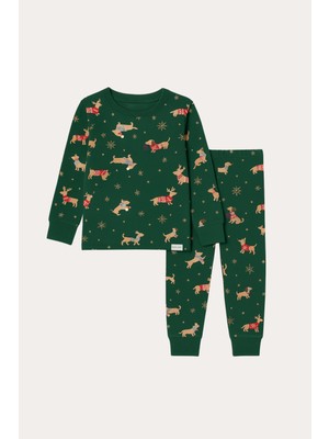 Çocuk Yılbaşı Temalı Pijama Takımı Yeşil