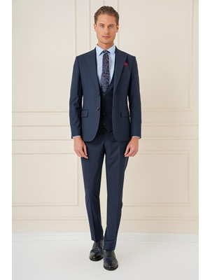 Efor Slim Fit Sivri Yaka Çizgi Dokulu Lacivert Yelekli Takım Elbise TK 904