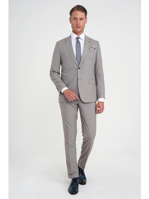 Slim Fit Çift Yırtmaç Esnek Yelekli Klasik Bej Takım Elbise Tk 916