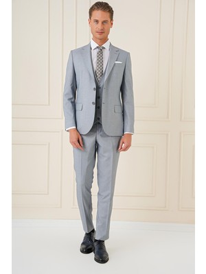 Efor Slim Fit Mono Yaka Yünlü Esnek Gri Yelekli Takım Elbise TK 903