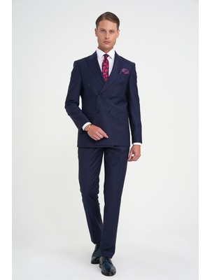 Slim Fit Çift Yırtmaç Çizgili Kruvaze Klasik Koyu Lacivert Takım Elbise Tk 925