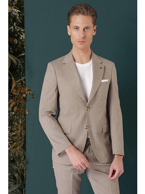 Efor Erkek Slim Fit Çift Yırtmaç Yünlü Çizgili Bej Ceket C 652