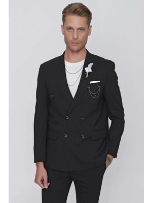 Efor Erkek Slim Fit Çift Yırtmaç Çizgili Esnek Siyah Kruvaze Ceket C 622