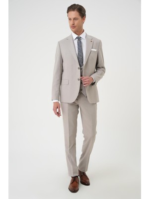 Efor Slim Fit Çift Yırtmaç Keten Karışımlı Yelekli Klasik Taş Takım Elbise Tk 914