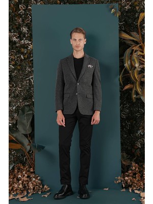 Efor Erkek Slim Fit Çift Yırtmaç Kırçıllı Dokuma Esnek Yünlü Siyah Ceket C 653