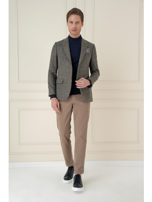 Efor Erkek Slim Fit Çift Yırtmaç Kırçıllı Pötikare Dokuma %100 Yün Bej Ceket C 693
