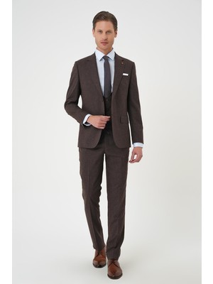 Efor Erkek Slim Fit Çift Yırtmaç Keten Yelekli Klasik Kahverengi Takım Elbise Tk 914