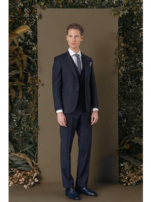 Efor Slim Fit %97 Yün Esnek Lacivert Yelekli Takım Elbise TK 881