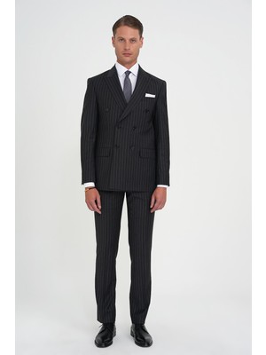Slim Fit Çift Yırtmaç Çizgili Kruvaze Klasik Antrasit Takım Elbise Tk 925